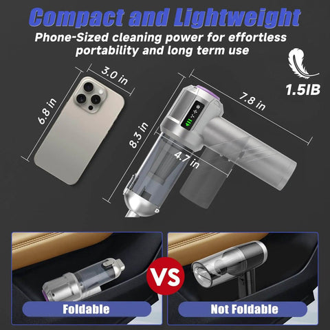 Cordless Car Vacuum With 18000Pa Brushless Motor, 120W Beast Handheld Vacuum And Air Duster, Foldable Mini Vacuum Cleaner With LED Screen, size comparison with smartphone and car storage options