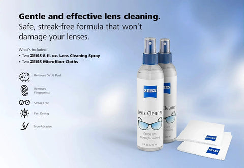 ZEISS Lens Care Pack Streak Free Spray And Microfiber Cloths for Glasses shown with two spray bottles and microfiber cloths