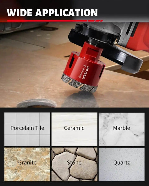 Diamond Hole Saw Kit For Tile And Stone 11 Piece Vacuum Brazed Core Bit Set drilling into granite with examples of tile types.