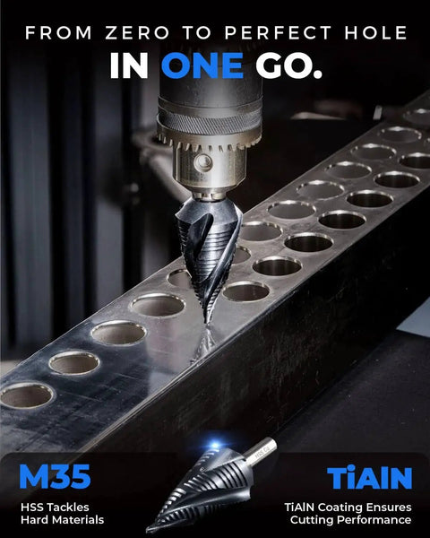 Close-up of Four Spiral Flute Cobalt Step Drill Bit Pro From Toolant drilling metal sheet, TiAlN-coated M35 cobalt HSS.
