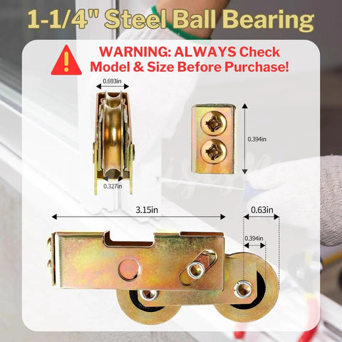 Diagram of Two Pieces Sliding Door Tandem Roller Assembly Heavy Duty One And One Quarter Inch Replacement For Sliding Glass Doors And Screens 120 Kg 265 Lbs Load Capacity Per Pair Corrosion Resistant Alloy Steel Construction with measurements and warning label.