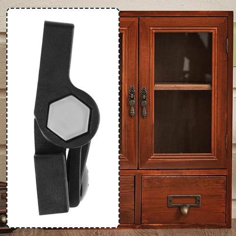 Four Pack 36x42mm Black Plastic Adjustable Torque Hinges For Wardrobe Cabinets Doors And Wooden Storage Boxes With Smooth Dampening For Quiet Opens And Closes The Lord of the Tools, close-up view next to wooden cabinet