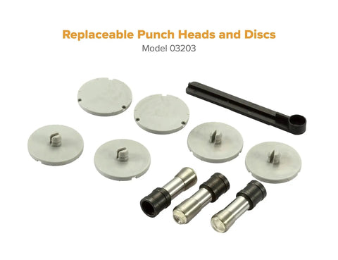 Replaceable punch heads and discs for Extreme Duty Two To Three Hole Punch With High Leverage Handle and Precision Steel Punch Heads.