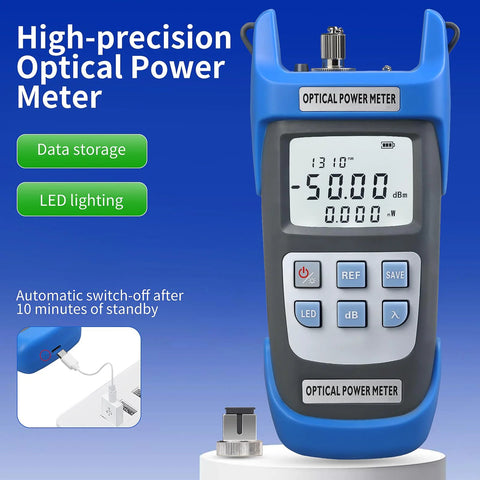 Blue handheld optical power meter with LCD display and keypad; rechargeable 2-piece set for SC/FC/ST/LC interfaces.