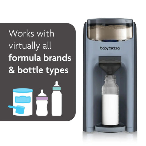 Front view of Baby Brezza Formula Pro Advanced formula dispenser in slate gray with bottle under the spout