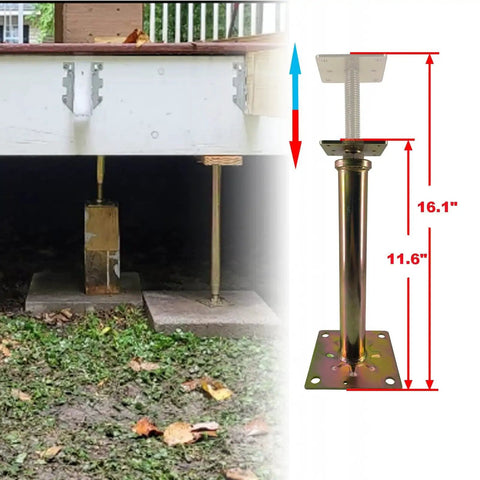 Six Pack Floor Jack Posts for Leveling 11 to 16 Inch Height Range 6 Ton, showing installed view under deck with height adjustment scale.