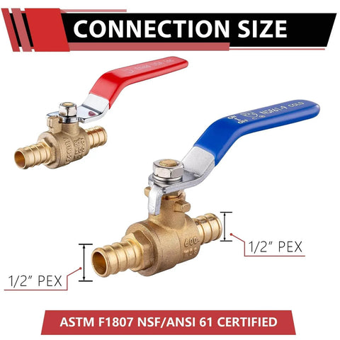 Pack Of 10 Half Inch Pex Brass Full Port Shut Off Ball Valve For Hot And Cold Water With Red And Blue Handles UPC Certified ASTM F1807 NSF ANSI 61 DZR Brass Corrosion Resistant Compatible With Stainless Steel Clamp And Copper Crimp Ring
