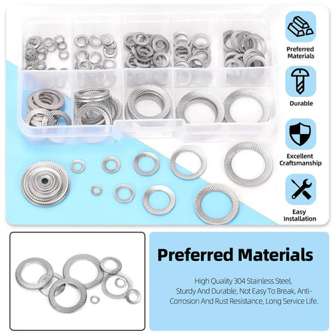 Glarks 160pcs M3–M16 double-side lock washers, 304 stainless steel, vibration-proof wedge washers in storage case
