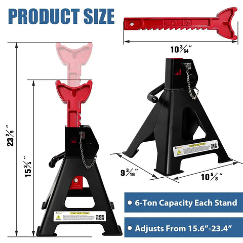 Side view of 6 Ton Heavy Duty Jack Stands with Double Locking Pins and Rubber Pads, showing measurements and capacity.