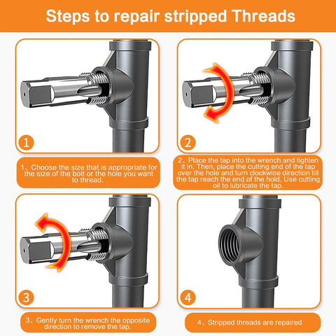 Illustration of using the Five Piece NPT Pipe Tap Set For Clean Accurate Threads Carbon Steel Taps In One Eighth Inch To Three Quarter Inch