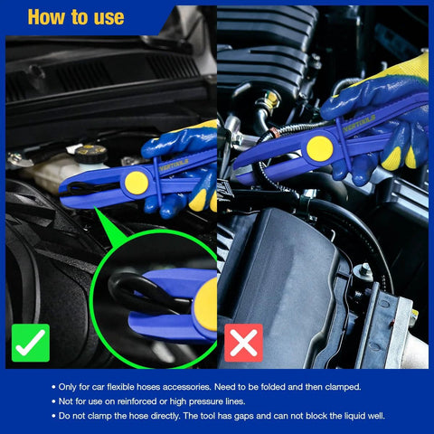 Evertools 6-piece hose pinch clamp pliers set with blue handles and yellow knob; for fuel, brake, radiator hoses.
