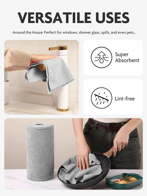 Microfiber Cleaning Cloth Roll 60 Pack Tear Away Towels 12x12 Reusable Pink Grey in use for cleaning surfaces.
