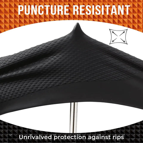 Close-up of black 10 Mil Diamond Textured Nitrile Gloves Heavy Duty Latex Free Powder Free X Large demonstrating puncture resistance.