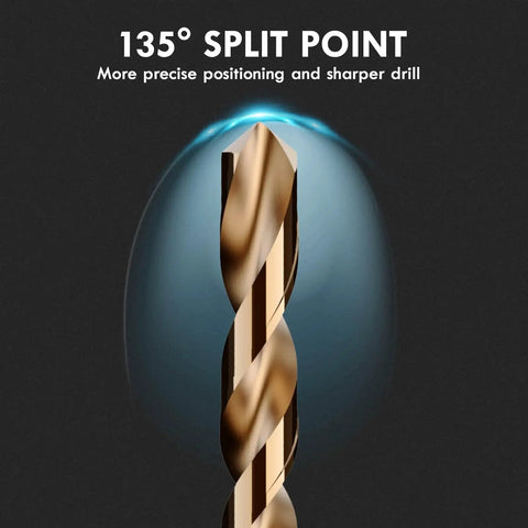 Close-up of a 135° split point M35 cobalt drill bit from the Pro Grade M35 Cobalt Drill Bit Set 13-Piece High Speed Steel Jobber Length Kit