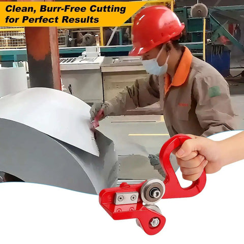 Worker using 9 Inch Hand Pull Sheet Metal Cutter Nibbler for thin steel in a workshop, focus on handle and cutting action