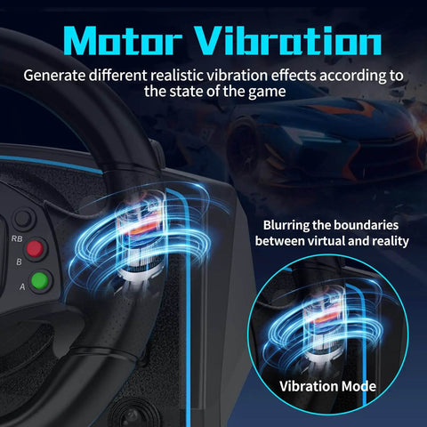 1080 Degree Magnetic Induction Racing Wheel with Dual Motor Vibration, showcasing realistic game effects for PC and PS3.