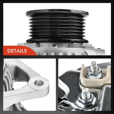 Close-up details of alternator compatible with Dodge Ram 1500 2500 3500 4000 Dakota and Jeep Grand Cherokee 90 amp 12 volt.