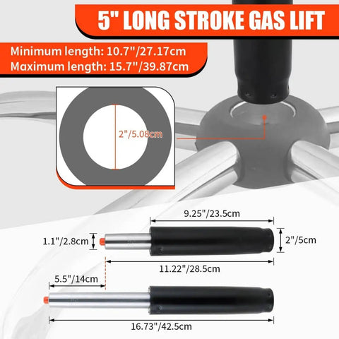 Diagram of Heavy Duty Gas Lift Cylinder Replacement For Office And Gaming Chairs, showing 5.5 inch stroke and dimensions.