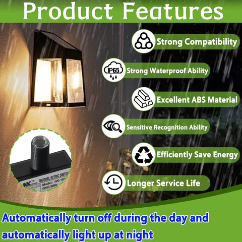 Product features of 2 Pack AC Photocell Light Sensors For Outdoor Lighting Auto Dusk To Dawn Switches with weatherproof design.