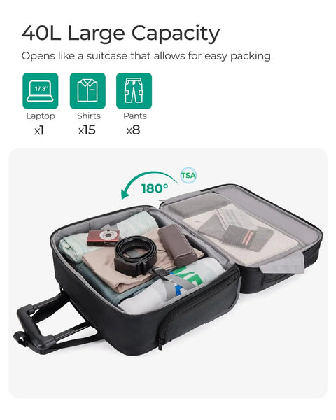 Open 40L rolling laptop bag with clothes and accessories inside, showing TSA lock, ideal for 17.3 inch laptops, perfect for travel.