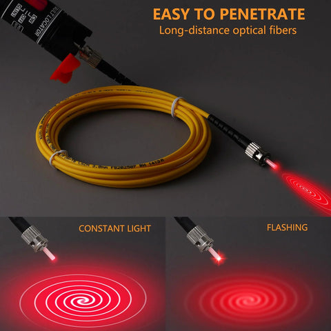 Fiber optic visual fault locator with 50 km range, yellow test cable and universal 2.5mm adapter for SC/FC/ST/LC connectors