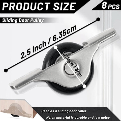 Eight Pack Sliding Door Pulleys For Cabinets And Furniture Dope Hardware Wheels For Windows Patio Doors And Glass Doors Smooth Roller Replacement 0.76 Cm Thick Ideal For Home Renovations And DIY Projects, showing stainless steel and nylon pulley with product dimensions.