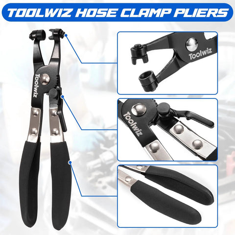 Toolwiz hose clamp pliers with 130-piece 6–25 mm spring clamps; swivel head, black handle grips