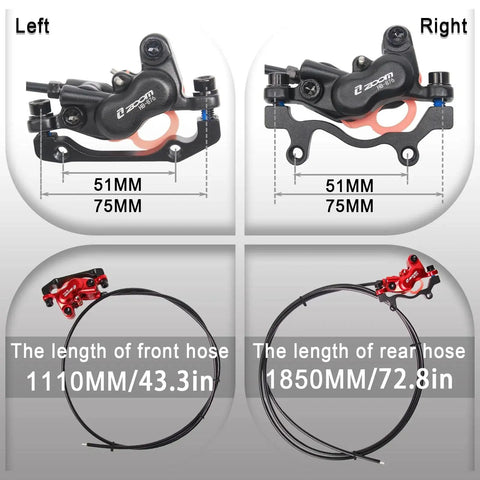 BUCKLOS Zoom HB876E hydraulic disc brake set; left-front and right-rear calipers with 1110mm and 1850mm hoses
