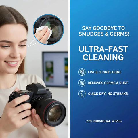 Woman using camera with Wrapped Lens Wipes For AntiReflective Coatings And SmudgeFree Clarity On The Go, promoting ultra-fast cleaning.
