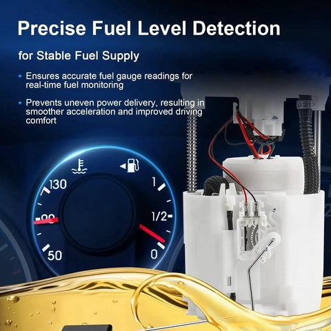Close-up view of Direct Fit Electric Fuel Pump Module Assembly For Fusion 2013-2020 with fuel gauge background