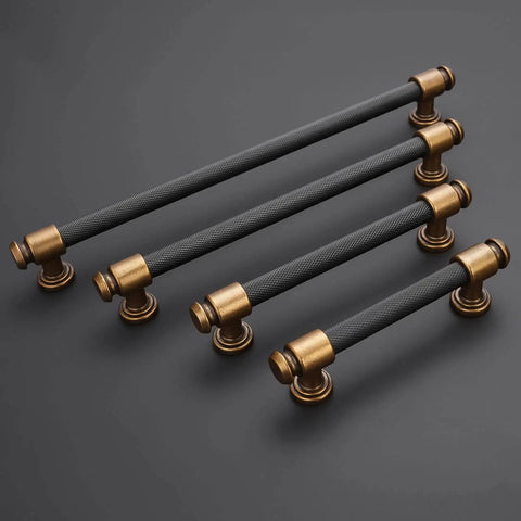 10 Pack 5 Inch Black And Antique Brass Kitchen Cabinet Handles Knurled Cabinet Pulls For Cabinets Drawers Dressers Doors And More Durable Hardware For DIY Reno Upgrades, shown in a side view.