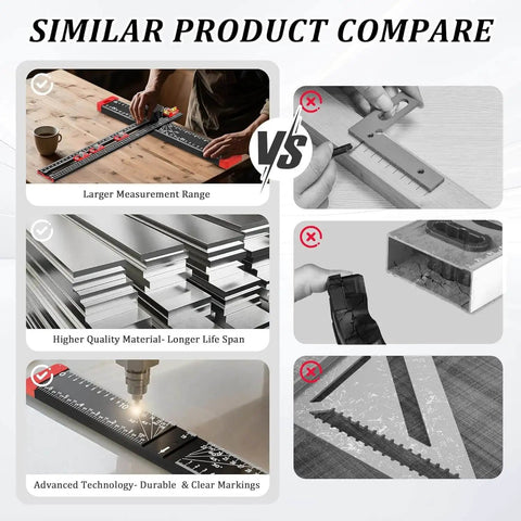 Comparison image of 4 In 1 Drilling Positioning Jig With 14 Inch Adjustable T Square Ruler Multifunction Cabinet Hardware Jig For DIY woodworking.