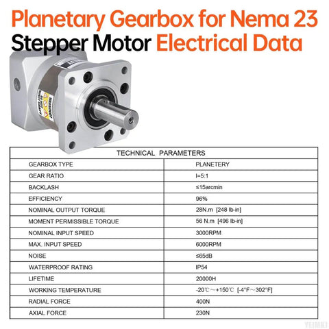 Five To One Planetary Gearbox For Nema 23 Stepper Motor DIY Friendly, technical specifications displayed.