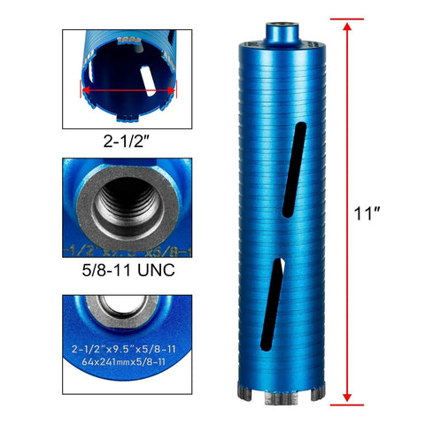 Diamond Core Drill Bit Set For Concrete Masonry, 2 1/2 Inch Diameter, 10 Inch Drilling Depth, 5/8-11 Thread, Turbo Laser Welded Segments