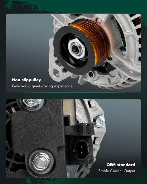 Close-up of 132 Amp Beefed-Up High-Output 12V Alternator For Dodge Durango, Ram 1500 and Jeep Grand Cherokee showing pulley and connector.
