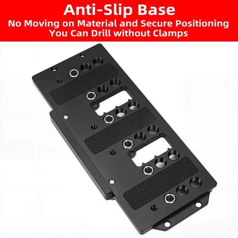 Pro Grade All Metal Shelf Pin Jig for cabinet hardware drilling, black anti-slip base with multiple holes for precision straight drilling.