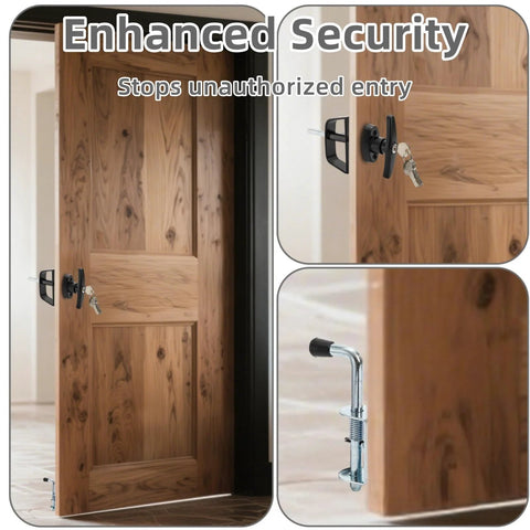All In One Shed Door Latch Kit With T Handle Lock And Five Keys installed on wooden door, showing spring loaded latch