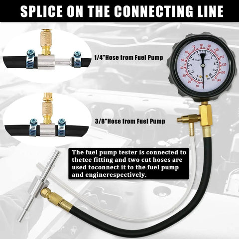 Universal Fuel Pressure Tester Kit For Cars Trucks Motorcycles 0-140 PSI showing hoses and connections