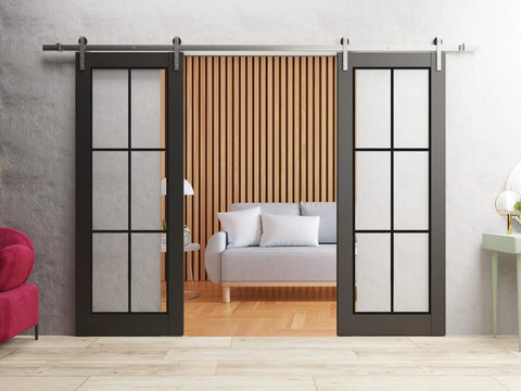 Sturdy Double Barn Door With Clear Glass Matte Black Finish installed in living room with silver rail, two 30 by 80 inch panels.