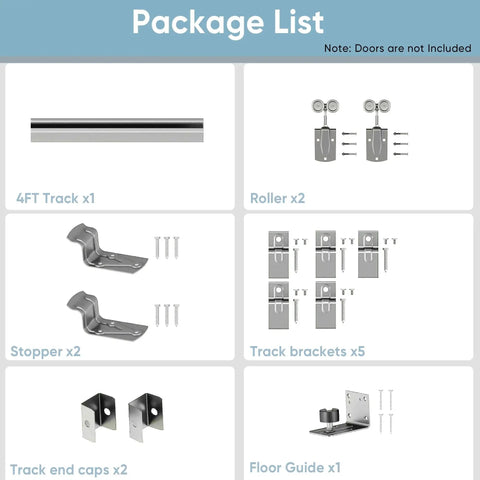 4 Ft Box Rail Exterior Barn Door Hardware Kit with 4FT track, rollers, stoppers, track brackets, end caps, and floor guide.