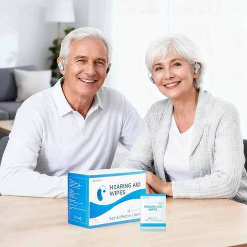 Elderly couple with hearing aids using Alcohol Free Hearing Aid Cleaning Wipes Individually Wrapped Removes Earwax