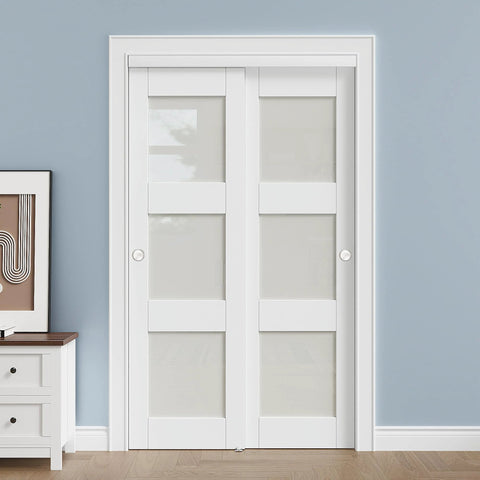 Installed paintable sliding closet doors 48x80 bypass panels with hardware kit, 3 lite frosted glass slab, shaker style