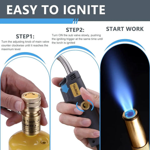 Map Gas Torch Kit With Holster, Adjustable Knob Trigger Start, And 4.9 Ft Hose demonstration showing ignition steps and blue flame.