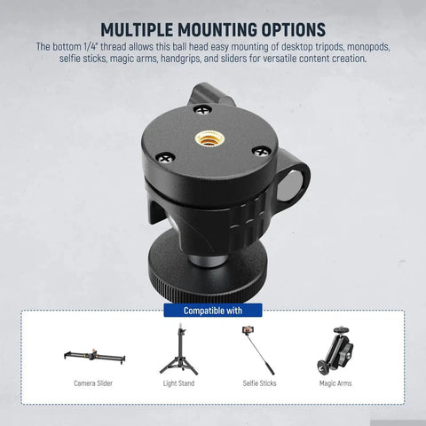 Budget Friendly Compact Mini Ball Head For Tripods And Mounts With One Quarter Inch Screw, 360 Swivel shown with mounting options