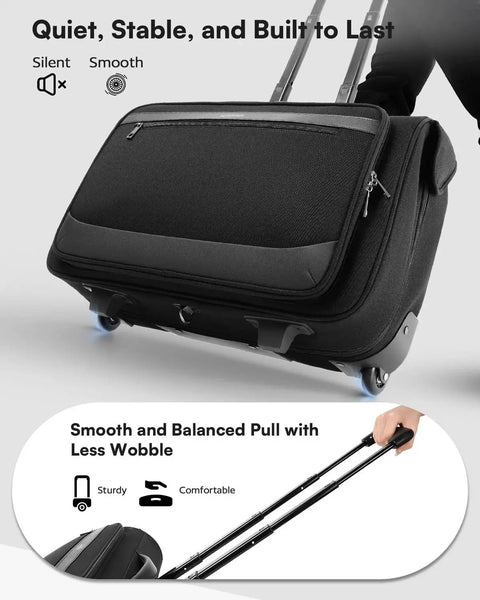 Side view of Rolling Garment Bag For Travel With Built In Hanging Hook And Wheels, showing durable wheels and handle for smooth pulling.