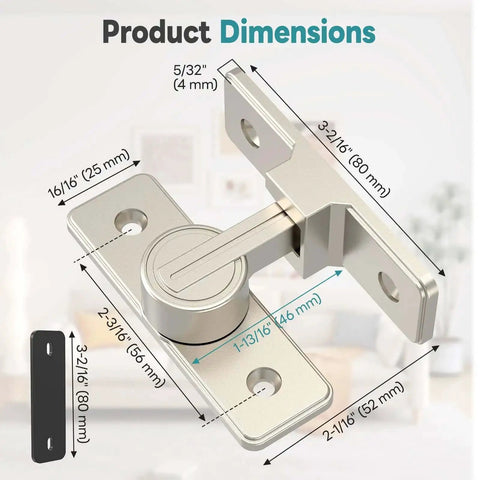 Heavy Duty 90 Degree Barn Door Lock With Zinc Alloy Build, Ball Bearing Latch, Nickel Finish, product dimensions displayed