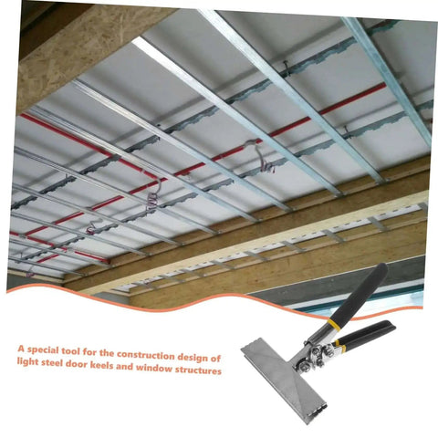 Ceiling installation with Ergonomic Handle Sheet Metal Bender Pliers For Standing Seam Roofing Tools Heavy Duty Metal Bending Tool For Light Steel Keels Tight Clamping Smooth Bends Durable Pro Grade Craftsmanship in foreground
