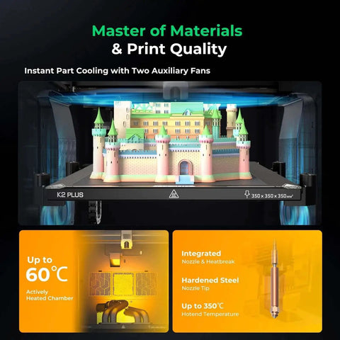 Front view of K2 Plus Combo 3D Printer With All New CFS Color System, showcasing color print capabilities and heating features.