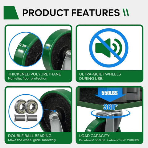 Product features of Five Inch Industrial Caster Wheels With Heavy Duty Cast Iron Core And Premium Thick Polyurethane Tread Non Marking