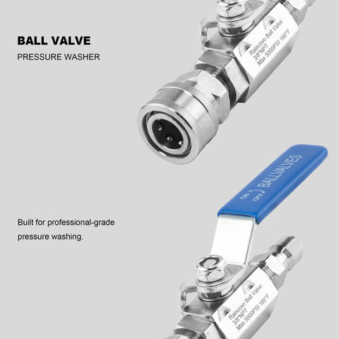 Heavy Duty Ball Valve For Pressure Washer With Hot Water Capability Stainless Steel Body Three Eighths Inch Quick Connect Shut Off Valve Up To Five Thousand PSI Fits High Power Washer Gun And Hose Anti Slip Ergonomic Grip Raincovo